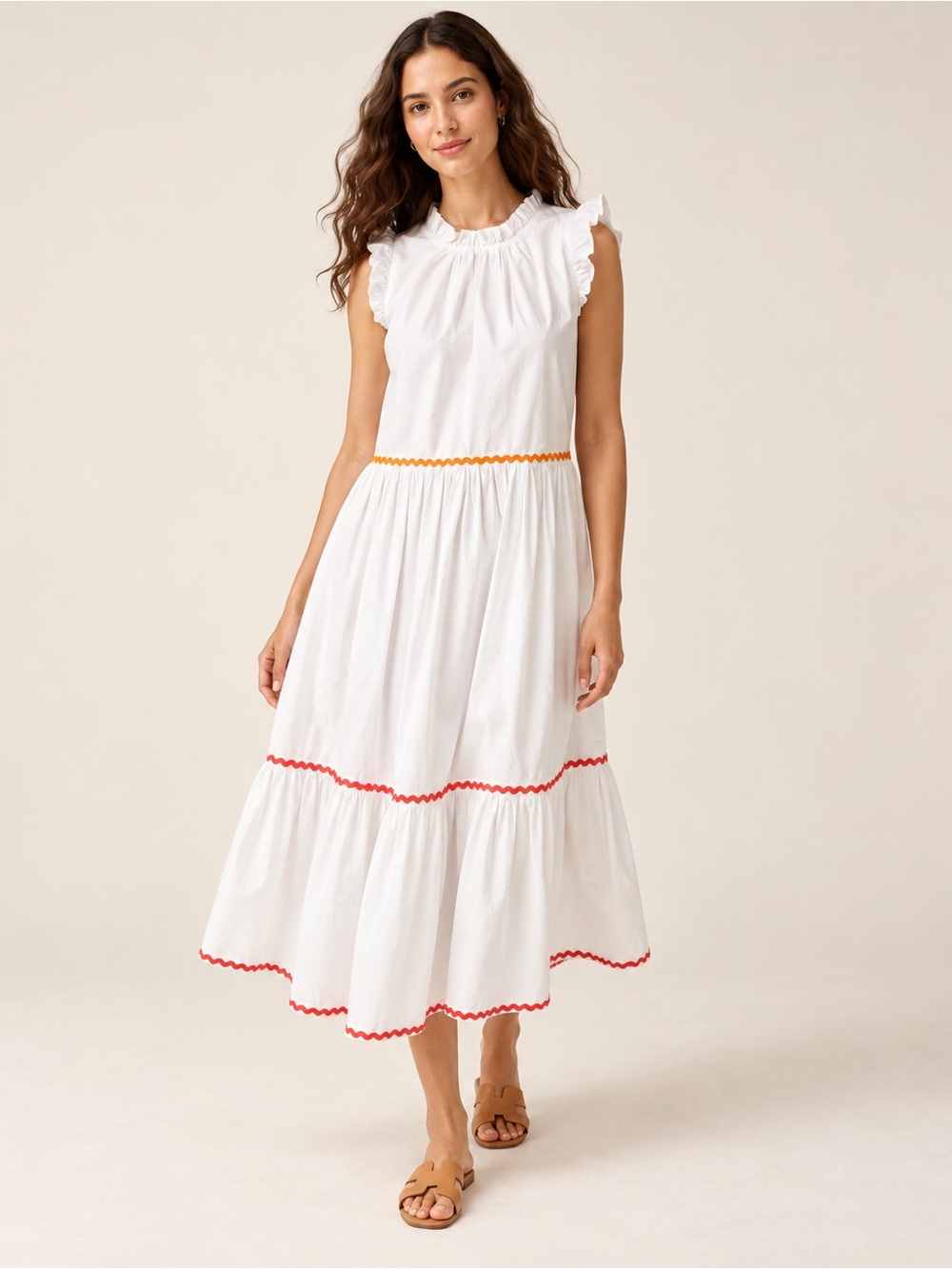 J.Crew Tiered Midi Ruffle Dress Rickrack Trim White Size 4 NWT